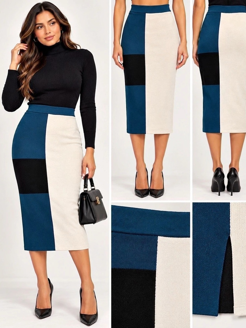By Johnny. Color Block Midi Skirt in Blue, Black & Cream Like New